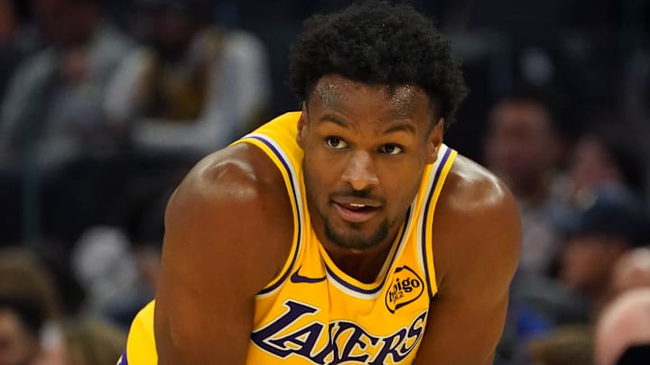 Oct 5, 2025; San Francisco, California, USA;  Los Angeles Lakers guard Bronny James (9) waits for play to resume during a break against the Golden State Warriors in the third quarter at Chase Center. Mandatory Credit: David Gonzales-Imagn Images