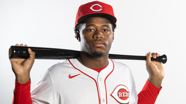 Feb 18, 2025; Goodyear, AZ, USA; Cincinnati Reds infielder Cam Collier poses for a portrait during Media Day at the Cincinnati Reds Development Complex. Mandatory Credit: Mark J. Rebilas-Imagn Images