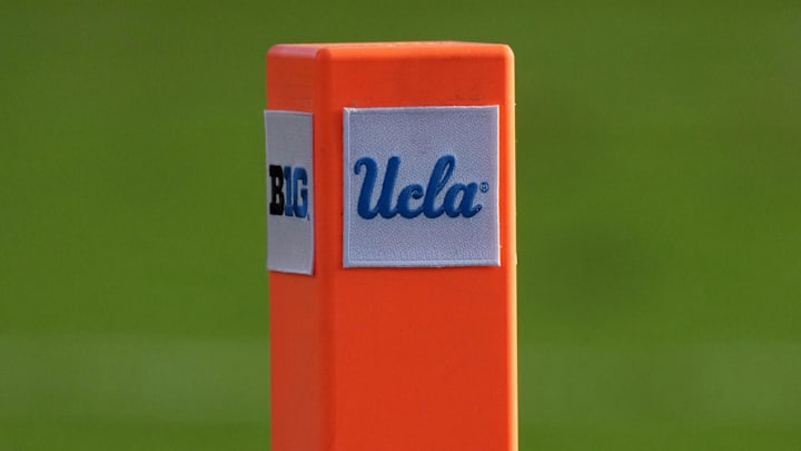 Sep 14, 2024; Pasadena, California, USA; A pylon with the Big Ten Conference and the UCLA Bruins logos at Rose Bowl. Mandatory Credit: Kirby Lee-Imagn Images Sep 14, 2024; Pasadena, California, USA; A pylon with the Big Ten Conference and the UCLA Bruins logos at Rose Bowl. Mandatory Credit: Kirby Lee-Imagn Images