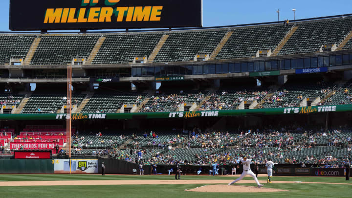 Jun 9, 2024; Oakland, California, USA; Oakland Athletics relief pitcher Mason Miller (19) warms up during the ninth inning against the Toronto Blue Jays at Oakland-Alameda County Coliseum. Mandatory Credit: Darren Yamashita-USA TODAY Sports