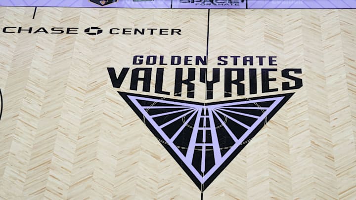 Golden State Valkyries logo at center court before the game against the Los Angeles Sparks at Chase Center.