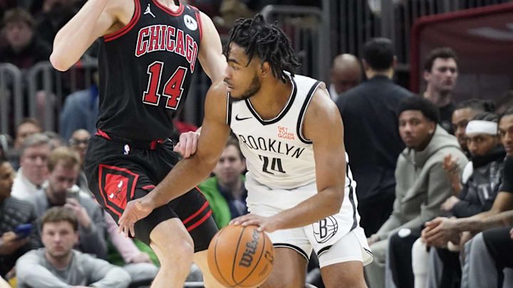 Mar 13, 2025; Chicago, Illinois, USA; Chicago Bulls forward Matas Buzelis (14) defends Brooklyn Nets guard Cam Thomas (24) during the first quarter at United Center. Mandatory Credit: David Banks-Imagn Images Mar 13, 2025; Chicago, Illinois, USA; Chicago Bulls forward Matas Buzelis (14) defends Brooklyn Nets guard Cam Thomas (24) during the first quarter at United Center. Mandatory Credit: David Banks-Imagn Images