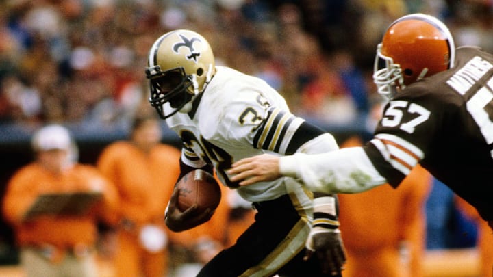 Oct 18, 1981; Cleveland, OH, USA; FILE PHOTO; New Orleans Saints running back George Rogers (38) in action against the Cleveland Browns at Cleveland Stadium. Mandatory Credit: Malcolm Emmons-Imagn Images