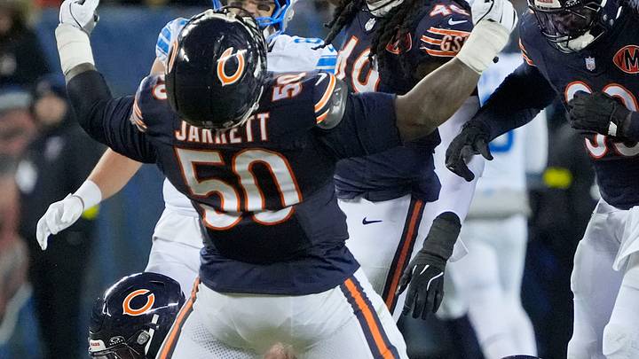 Jan 4, 2026; Chicago, Illinois, USA; Chicago Bears defensive end Grady Jarrett (50) and linebacker Tremaine Edmunds (49) celebrate after a play against the Detroit Lions during the second half at Soldier Field. Mandatory Credit: David Banks-Imagn Images Jan 4, 2026; Chicago, Illinois, USA; Chicago Bears defensive end Grady Jarrett (50) and linebacker Tremaine Edmunds (49) celebrate after a play against the Detroit Lions during the second half at Soldier Field. Mandatory Credit: David Banks-Imagn Images