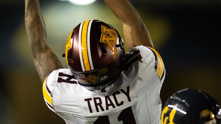 Sep 13, 2025; Berkeley, California, USA; Minnesota Golden Gophers wide receiver Javon Tracy (11) pulls down a pass for a first down against the California Golden Bears during the second quarter at California Memorial Stadium. Mandatory Credit: D. Ross Cameron-Imagn Images Sep 13, 2025; Berkeley, California, USA; Minnesota Golden Gophers wide receiver Javon Tracy (11) pulls down a pass for a first down against the California Golden Bears during the second quarter at California Memorial Stadium. Mandatory Credit: D. Ross Cameron-Imagn Images