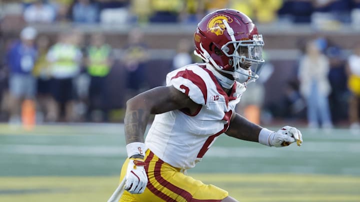 Sep 21, 2024; Ann Arbor, Michigan, USA;  USC Trojans cornerback Jaylin Smith (2) pursues a play on defense against the Michigan Wolverines at Michigan Stadium. Mandatory Credit: Rick Osentoski-Imagn Images