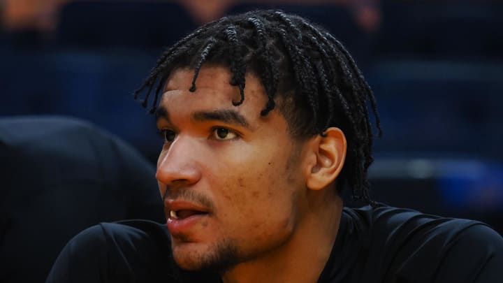 Jul 10, 2024; San Francisco, CA, USA; Miami Heat center Kel'el Ware (7) on the bench during the first quarter against the Los Angeles Lakers at Chase Center. Mandatory Credit: Kelley L Cox-USA TODAY Sports Jul 10, 2024; San Francisco, CA, USA; Miami Heat center Kel'el Ware (7) on the bench during the first quarter against the Los Angeles Lakers at Chase Center. Mandatory Credit: Kelley L Cox-USA TODAY Sports