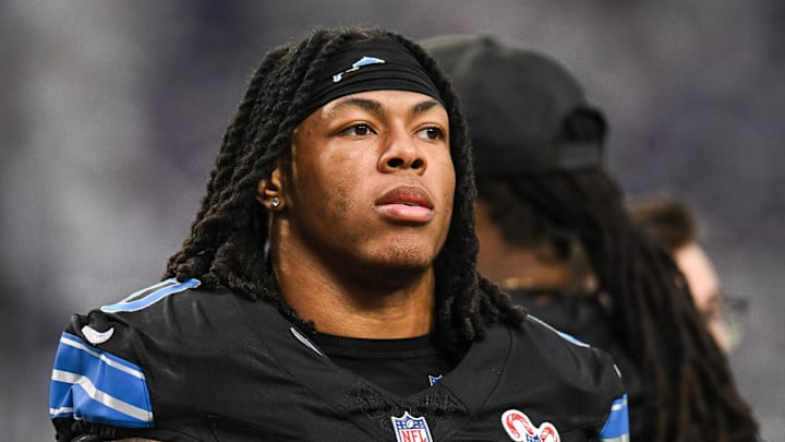 Dec 25, 2025; Minneapolis, Minnesota, USA; Detroit Lions running back Jahmyr Gibbs (0) looks on before the game against the Minnesota Vikings at U.S. Bank Stadium. Mandatory Credit: Jeffrey Becker-Imagn Images
