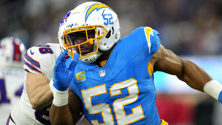 Dec 23, 2023; Inglewood, California, USA; Los Angeles Chargers linebacker Khalil Mack (52) rushes against the Buffalo Bills in the second half at SoFi Stadium. Mandatory Credit: Kirby Lee-Imagn Images