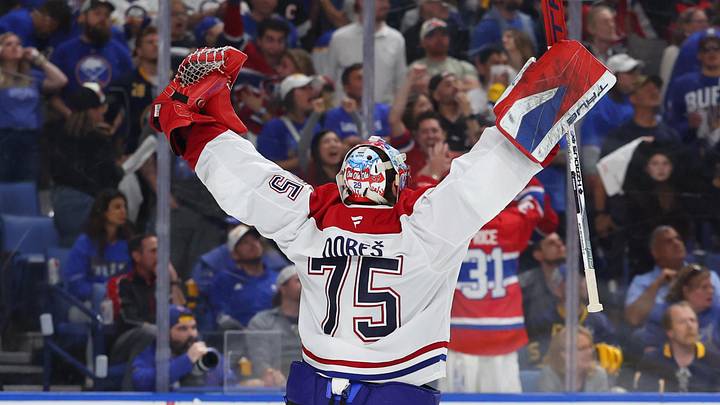 May 18, 2026; Buffalo, New York, USA; Montréal Canadiens goaltender Jakub Dobes (75) reacts after winning the game against the Buffalo Sabres during overtime in game seven of the second round of the 2026 Stanley Cup Playoffs at KeyBank Center. Mandatory Credit: Timothy T. Ludwig-Imagn Images