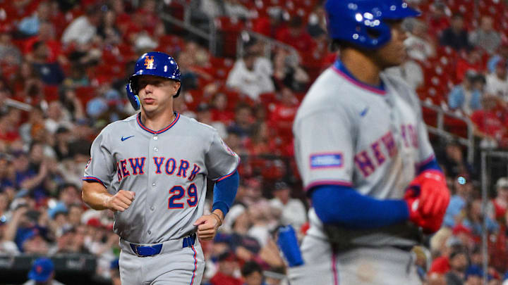 Mar 30, 2026; St. Louis, Missouri, USA; New York Mets first baseman Jared Young (29) scores after left fielder Juan Soto (22) was walked with the bases loaded during the sixth inning against the St. Louis Cardinals at Busch Stadium. Mandatory Credit: Jeff Curry-Imagn Images
