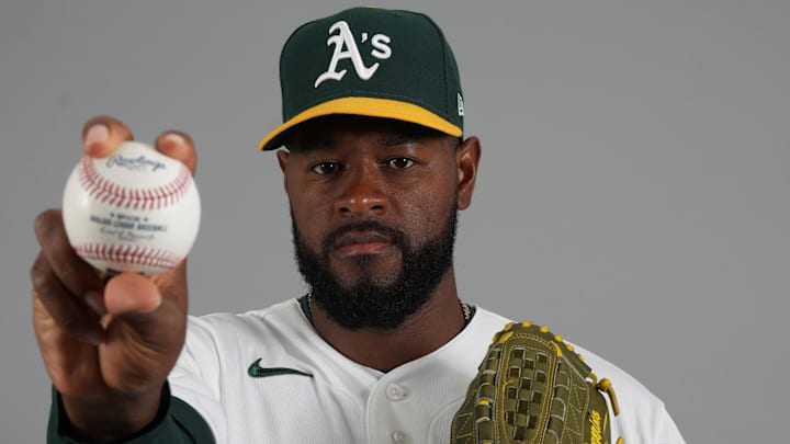 Feb 20, 2026; Mesa, AZ, USA; Athletics pitcher Luis Severino (40) poses for Photo Day at HoHoKam Stadium. Mandatory Credit: Rick Scuteri-Imagn Images