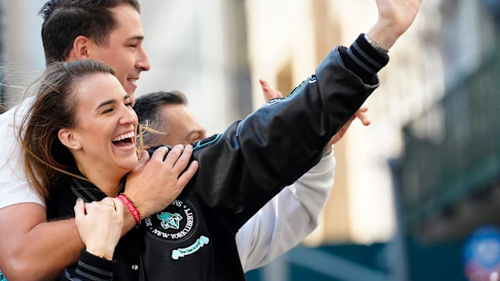 Sabrina Ionescu, of the New York Liberty acknowledges the fans, Thursday, October 24, 2024, in Manhattan. Sabrina Ionescu, of the New York Liberty acknowledges the fans, Thursday, October 24, 2024, in Manhattan.
