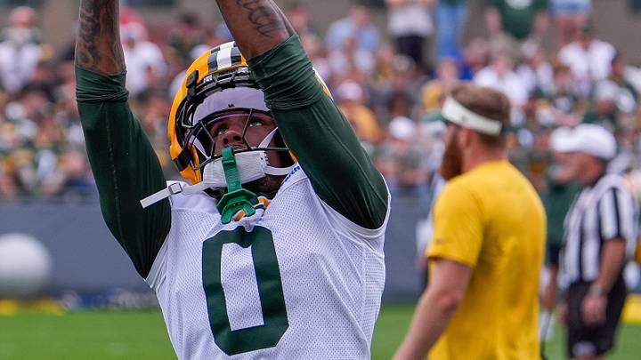 Green Bay Packers wide receiver Matthew Golden (0) catches a pass during practice on Friday, July 31, 2026, at Ray Nitschke Field in Ashwaubenon, Wisconsin. Green Bay Packers wide receiver Matthew Golden (0) catches a pass during practice on Friday, July 31, 2026, at Ray Nitschke Field in Ashwaubenon, Wisconsin.