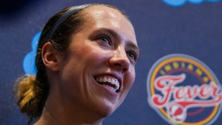 Indiana Fever guard Lexie Hull (10) smiles while answering a question Tuesday, Sept. 17, 2024, after an Indiana Fever practice at Gainbridge Fieldhouse in Indianapolis. Indiana Fever guard Lexie Hull (10) smiles while answering a question Tuesday, Sept. 17, 2024, after an Indiana Fever practice at Gainbridge Fieldhouse in Indianapolis.