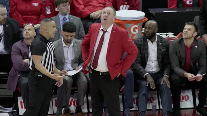 Wisconsin head coach Greg Gard watches a replay during the first half of their game against Rutgers Saturday, January 17, 2026 at the Kohl Center in Madison, Wisconsin.