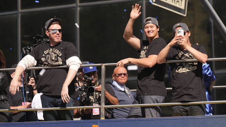 Nov 3, 2025: Dodgers first baseman Freddie Freeman, Shohei Ohtani, and Yoshinobu Yamamoto (18) during the World Series championship parade.