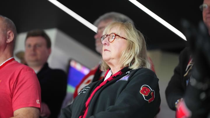 Donna Kelce, mother of Kansas City Chiefs tight end Travis Kelce during the first quarter of Super Bowl LVIII between Kansas City Chiefs and San Francisco 49ers at Allegiant Stadium. Donna Kelce, mother of Kansas City Chiefs tight end Travis Kelce during the first quarter of Super Bowl LVIII between Kansas City Chiefs and San Francisco 49ers at Allegiant Stadium.