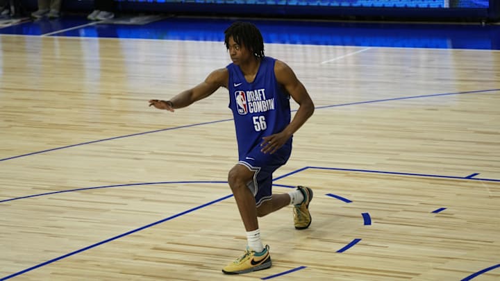 May 13, 2025; Chicago, Il, USA; Tre Johnson (56) participates in the 2025 NBA Draft Combine at Wintrust Arena.