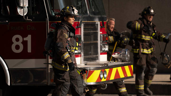 CHICAGO FIRE -- "In The Trenches: Part I" Episode 13011 -- Pictured: (l-r) Miranda Rae Mayo as Stella Kidd, Christian Stolte as Randy "Mouch" McHolland, Jake Lockett as Sam Carver -- (Photo by: Peter Gordon/NBC)