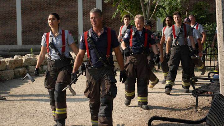 CHICAGO FIRE -- "Ride the Blade" Episode 13002 -- Pictured: (l-r) Miranda Rae Mayo as Stella Kidd, Taylor Kinney as Kelly Severide, Michael Bradway as Damon, Christian Stolte as Randy "Mouch" McHolland, Daniel Kyri as Darren Ritter, Jake Lockett as Sam Carver -- (Photo by: Peter Gordon/NBC)