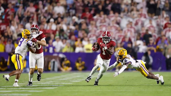 Alabama Wide Receiver Kendrick Law (1) runs the ball against LSU at Tiger Stadium in Baton Rouge, LA on Saturday, Nov 9, 2024.
