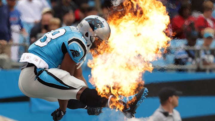 CHARLOTTE, NC - NOVEMBER 05: Jonathan Stewart #28 of the Carolina Panthers takes the field against the Atlanta Falcons before their game at Bank of America Stadium on November 5, 2017 in Charlotte, North Carolina.
