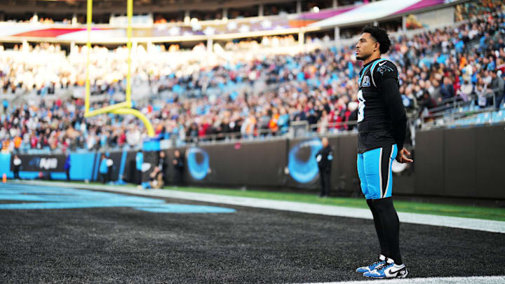CHARLOTTE, NORTH CAROLINA - DECEMBER 01: Bryce Young #9 of the Carolina Panthers looks on prior to a game against the Tampa Bay Buccaneers at Bank of America Stadium on December 01, 2024 in Charlotte, North Carolina. 