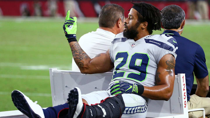 Seattle Seahawks safety Earl Thomas gestures towards his bench after breaking his lower left leg against the Arizona Cardinals in the second half at State Farm Stadium in Glendale, Ariz. Seahawks Vs Cardinals 2018 Seattle Seahawks safety Earl Thomas gestures towards his bench after breaking his lower left leg against the Arizona Cardinals in the second half at State Farm Stadium in Glendale, Ariz. Seahawks Vs Cardinals 2018