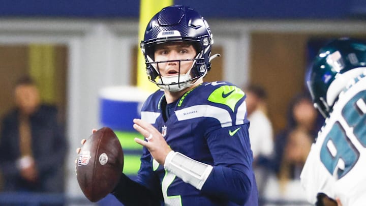 Seattle Seahawks quarterback Drew Lock looks to throw the ball.