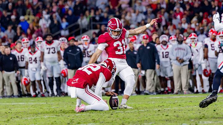 Alabama kicker Conor Talty kicks the extra point after a touchdown in the first half of the match up against Georgia on Oct 10, 2026.