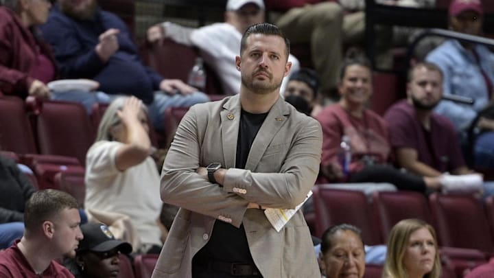 Dec 19, 2025; Tallahassee, Florida, USA; Florida State Seminoles head coach Luke Loucks during the first half of the game against the Mississippi Valley State Delta Devils at Donald L. Tucker Center. Mandatory Credit: Melina Myers-Imagn Images