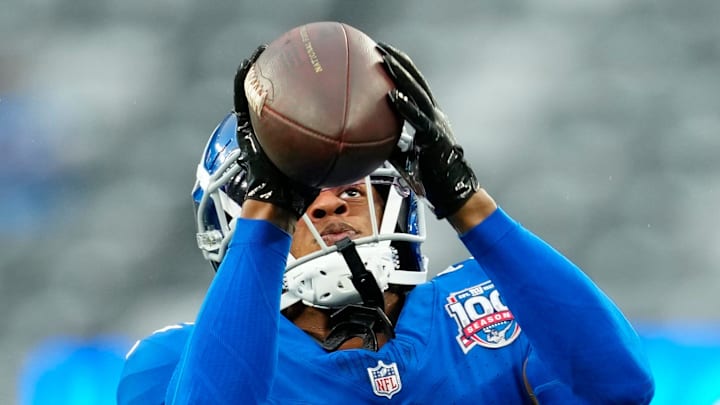New York Giants cornerback Dru Phillips (22) makes a catch during practice, just before the first preseason game of the season, Thursday, August 8 2024, in East Rutherford