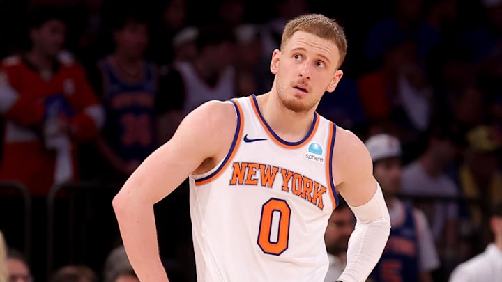 May 19, 2024; New York, New York, USA; New York Knicks guard Donte DiVincenzo (0) reacts during the fourth quarter of game seven of the second round of the 2024 NBA playoffs against the Indiana Pacers at Madison Square Garden. Mandatory Credit: Brad Penner-Imagn Images