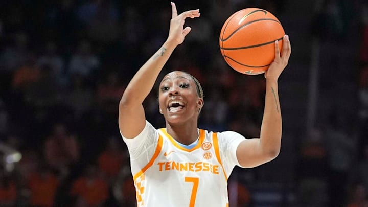 Tennessee guard Samara Spencer (7) yells to teammates during a women's college basketball game between the Lady Vols and Alabama at Thompson-Boling Arena at Food City Center in Knoxville on Thursday, February 20, 2025.