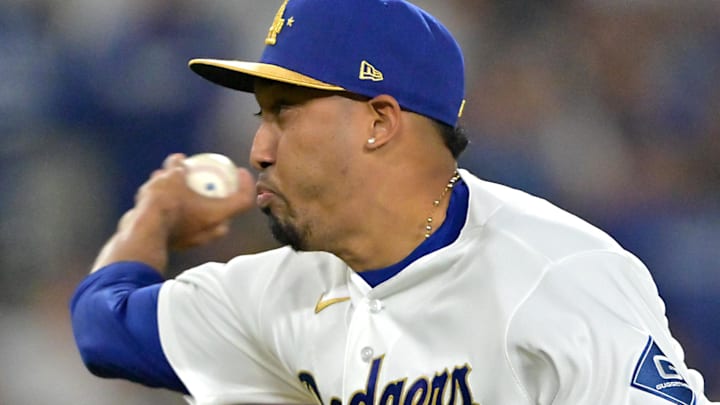 Mar 27, 2026; Los Angeles, California, USA;  Los Angeles Dodgers pitcher Edwin Diaz (3) delivers to the plate as he earns a save in the ninth inning against the Arizona Diamondbacks at Dodger Stadium.