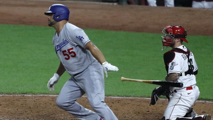 Los Angeles Dodgers pinch hitter Albert Pujols (55) lines out versus the Cincinnati Reds.
