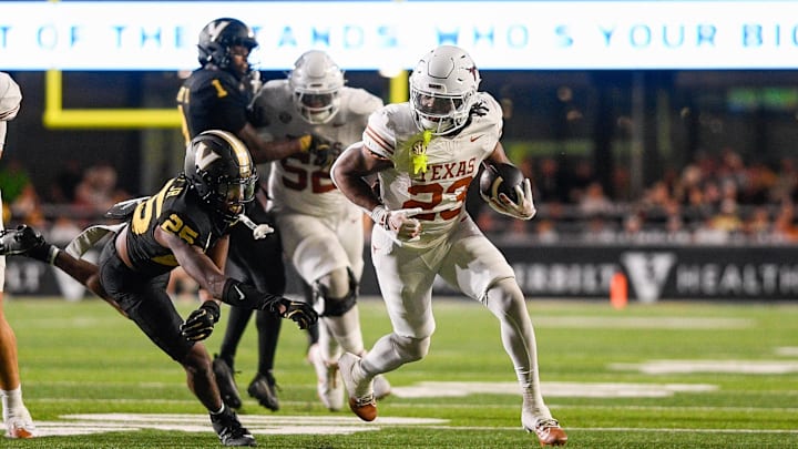 Oct 26, 2024; Nashville, Tennessee, USA;  Texas Longhorns running back Jaydon Blue (23) runs the ball against the Vanderbilt Commodores during the second half at FirstBank Stadium. Mandatory Credit: Steve Roberts-Imagn Images