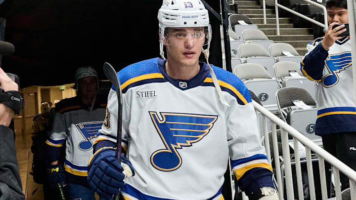 Apr 6, 2024; San Jose, California, USA; St. Louis Blues right wing Alexey Toropchenko (13) walks to the ice for warmups before the game between the San Jose Sharks and the St. Louis Blues at SAP Center at San Jose. Mandatory Credit: Robert Edwards-USA TODAY Sports