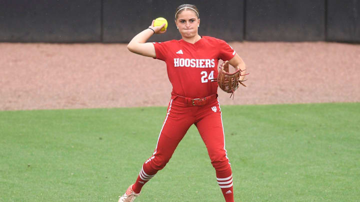 Indiana RF Kinsey Mitchell (24) throws the ball in during an NCAA Regional game between Tennessee and Indiana, at Sherri Parker Lee Stadium, Saturday, May 20, 2023.