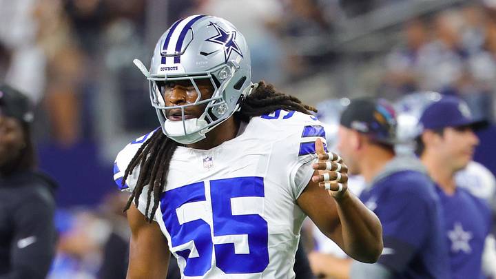 Dallas Cowboys linebacker Jaishawn Barham warms up before the game against the Tampa Bay Buccaneers at AT&T Stadium. Dallas Cowboys linebacker Jaishawn Barham warms up before the game against the Tampa Bay Buccaneers at AT&T Stadium.