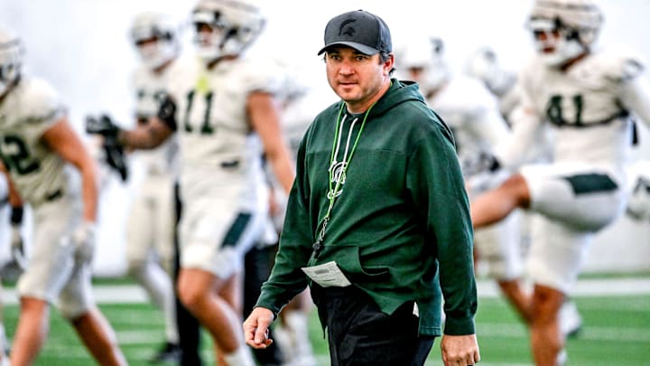 Michigan State football head coach Jonathan Smith looks on during practice on Tuesday, April 8, 2025, in East Lansing.