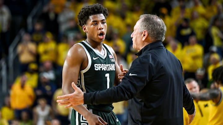 Michigan State's Jeremy Fears Jr., left, talks with head coach Tom Izzo during the second half in the game against Michigan on Sunday, March 8, 2026, at the Crisler Center in Ann Arbor. Michigan State's Jeremy Fears Jr., left, talks with head coach Tom Izzo during the second half in the game against Michigan on Sunday, March 8, 2026, at the Crisler Center in Ann Arbor.