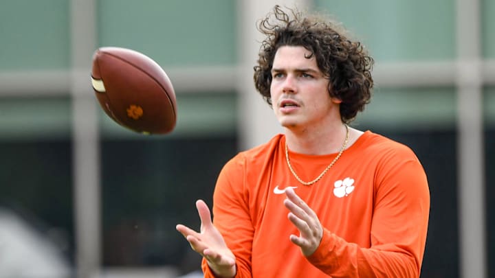 Ian Schieffelin, former Clemson basketball player who joined the Clemson Tigers football team as a tight end participates in drills at the 2025 Dabo Swinney Football Camp in Clemson, S.C. Tuesday, June 3, 2025.