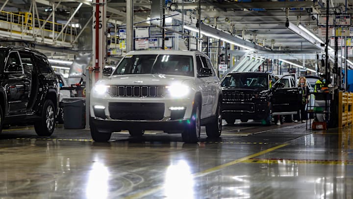 The Jeep Grand Cherokee L drives off the line for sale at the Stellantis Detroit Assembly Complex - Mack plant in Detroit on Thursday, June 10, 2021. On February 26, 2019, FCA announced that it would invest $1.6 billion to convert the two plants that comprised the Mack Avenue Engine Complex into the future assembly site for the next-generation Jeep Grand Cherokee, as well as an all-new three-row full-size Jeep SUV and plug-in hybrid (PHEV) models, adding 3,850 new jobs to support