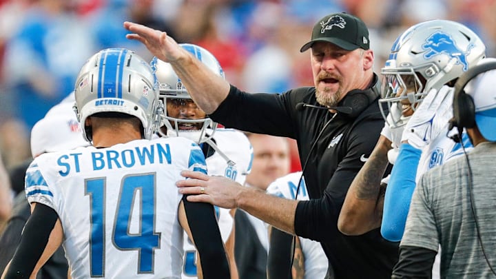 Detroit Lions coach Dan Campbell celebrates a touchdown scored by running back Jahmyr Gibbs during the first half of the NFC championship game vs. the San Francisco 49ers at Levi's Stadium in Santa Clara, California, on Sunday, Jan. 28, 2024. Detroit Lions coach Dan Campbell celebrates a touchdown scored by running back Jahmyr Gibbs during the first half of the NFC championship game vs. the San Francisco 49ers at Levi's Stadium in Santa Clara, California, on Sunday, Jan. 28, 2024.