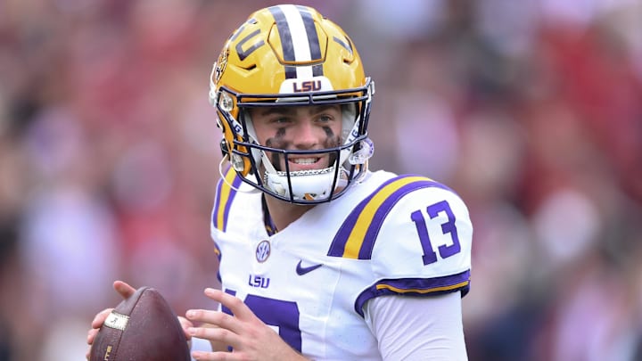 Louisiana State University quarterback Garrett Nussmeier (13) warms up during pregame at Williams-Brice Stadium in Columbia, S.C. Saturday, September 14, 2024.