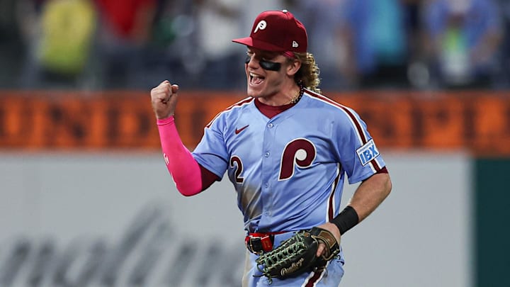 Sep 25, 2025; Philadelphia, Pennsylvania, USA; Philadelphia Phillies outfielder Harrison Bader (2) reacts as he runs off the field after a victory against the Miami Marlins at Citizens Bank Park. Mandatory Credit: Bill Streicher-Imagn Images Sep 25, 2025; Philadelphia, Pennsylvania, USA; Philadelphia Phillies outfielder Harrison Bader (2) reacts as he runs off the field after a victory against the Miami Marlins at Citizens Bank Park. Mandatory Credit: Bill Streicher-Imagn Images