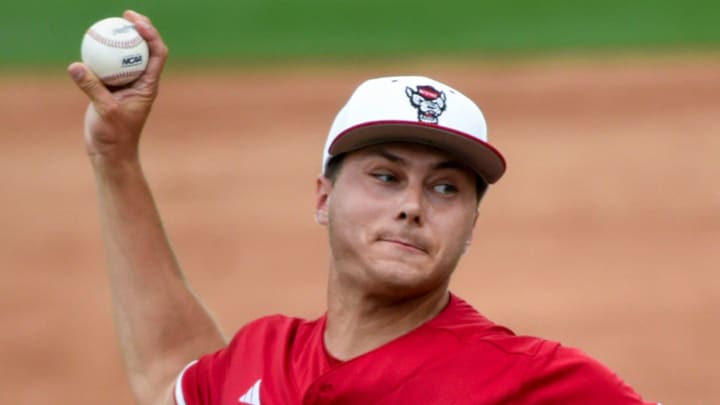 NC State Wolfpack's Anderson Nance (34) pitches against the Stetson Hatters during the NCAA Baseball Regional Tournament at Plainsman Park in Auburn, Ala., on Friday May 30, 2025.