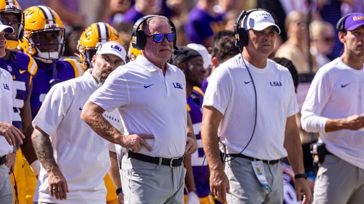 Sep 21, 2024; Baton Rouge, Louisiana, USA;  LSU Tigers head coach Brian Kelly looks on during the first half against the UCLA Bruins at Tiger Stadium. Mandatory Credit: Stephen Lew-Imagn Images